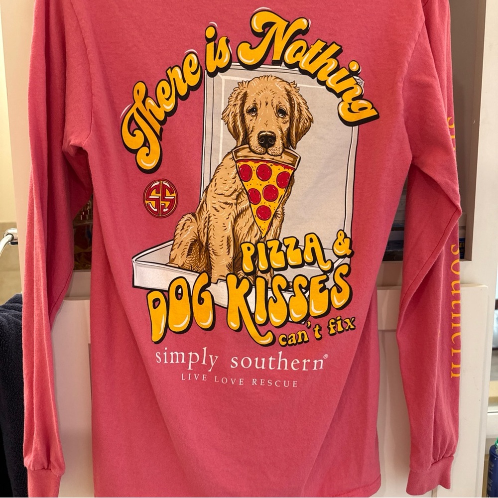 Small simply southern pink long sleeved T shirt Dog Kisses and Pizza - Picture 5 of 7